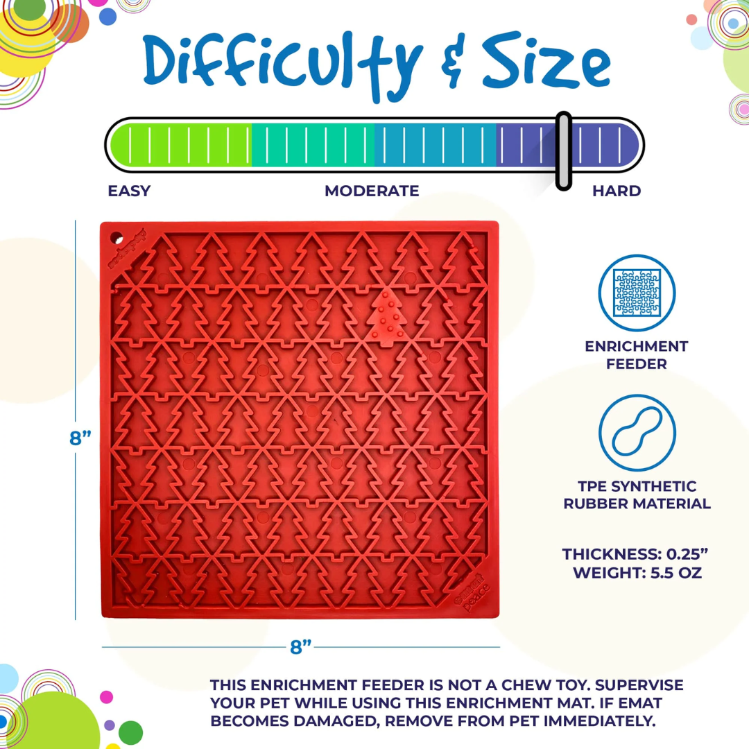 Difficulty and size of SodaPup Christmas Tree 'Peace' Lick Mat: Moderate to hard, 8" x 8"