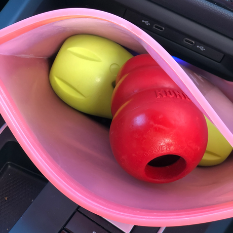 Looking inside of a Prep 'n Go bag with a west paw toy and a kong toy inside of it.