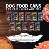 A selection of flavours of Alpha Spirit Dog Food Cans with 93% fresh meat and fish.