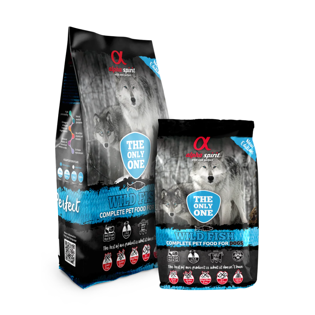 3kg and 12kg bags of Alpha Spirit The Only One Wild Fish Cold Pressed Grain Free Dog Food.