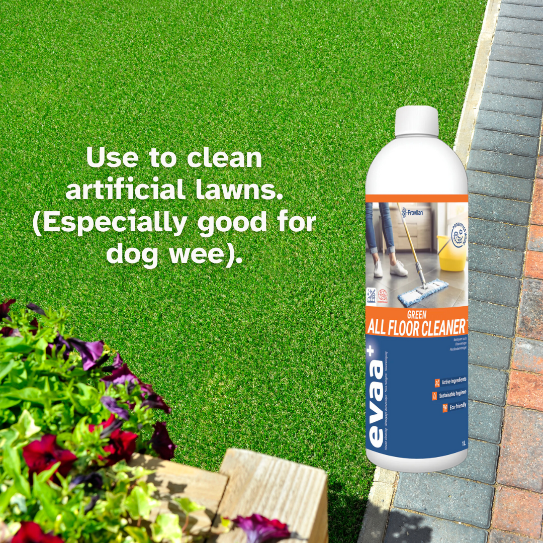 Artificial grass and a bottle of Provilan Evaa Probiotic Green All Floor Cleaner. Natural and Chemical free. Pet Safe Floor Cleaner.