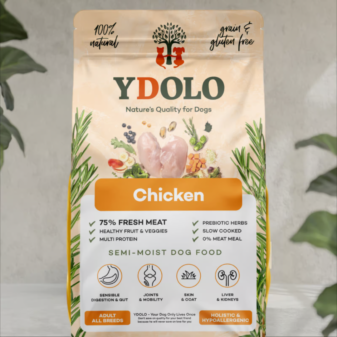 Bag of Ydolo Chicken semi moist cold pressed dog food.